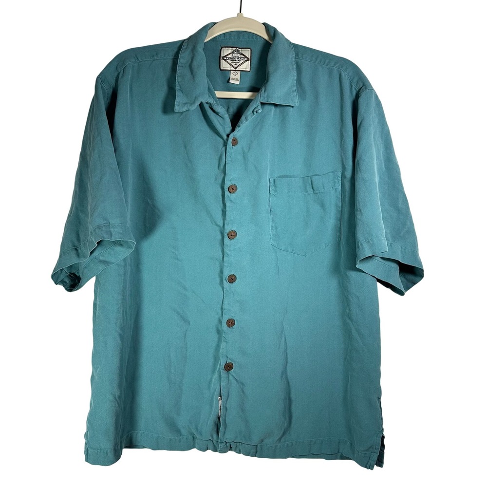 Three Palm Mens Large Teal Green 100% Silk Herringbone Short Sleeve Camp Shirt